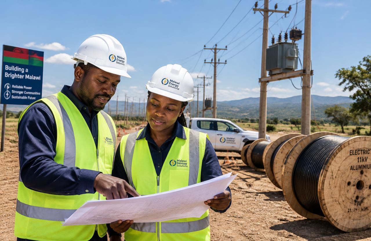 Engineers reviewing plans beside power distribution poles and cable drums