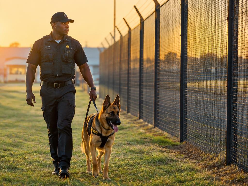 Security handler with a trained dog patrolling a perimeter fence